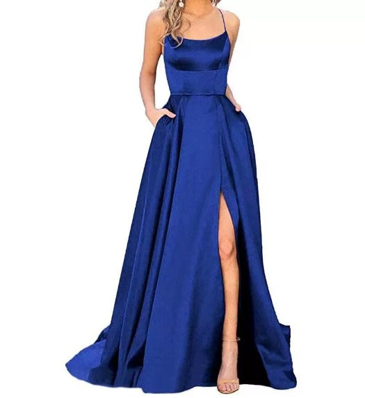 Elegant Royal Blue Backless Satin Evening Gown with Slit